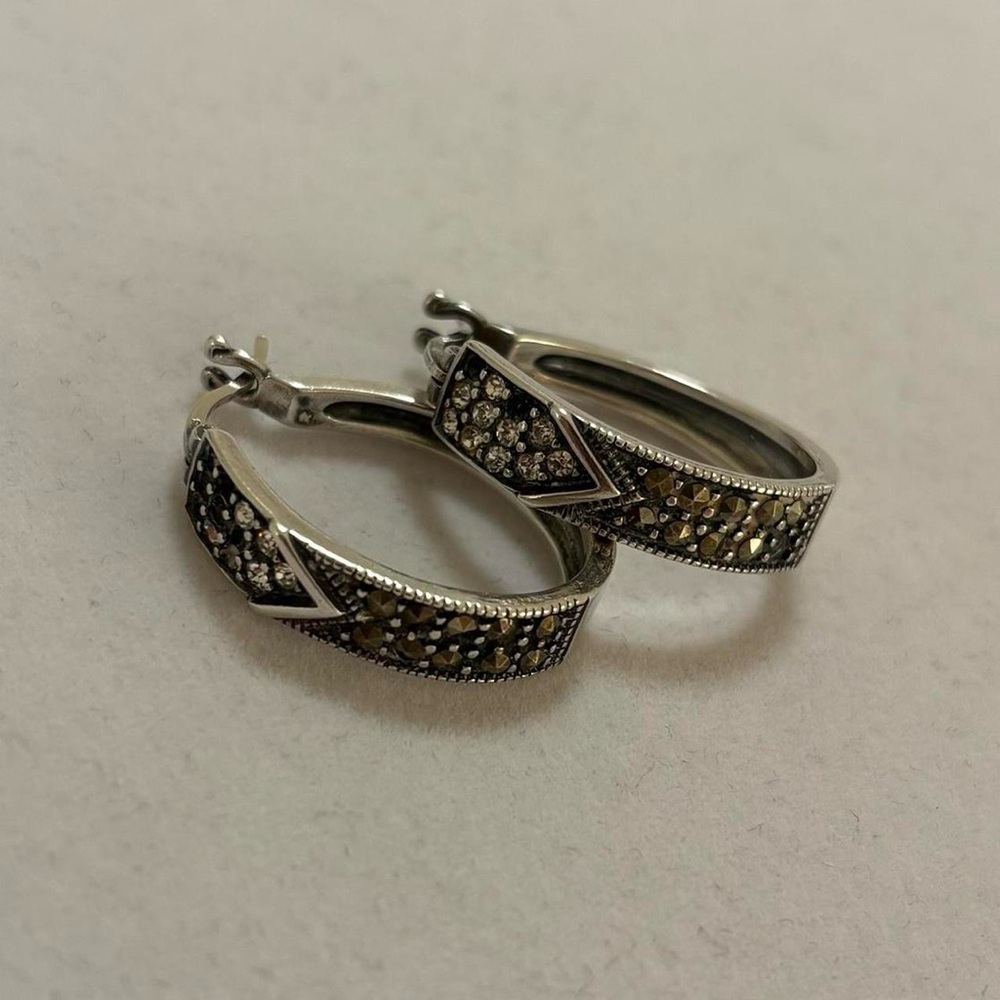 R 925 Sterling Silver Vintage Art Deco Style Marcasites Elongated Hoop Earrings